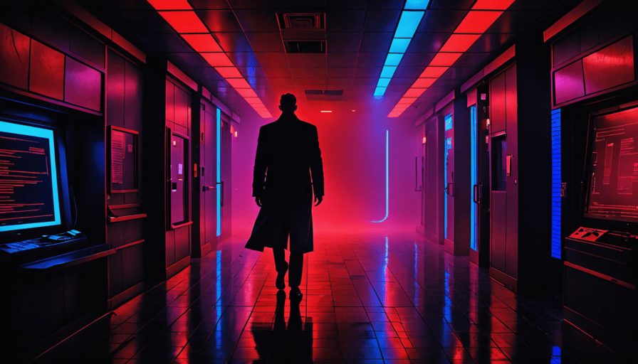 Panoramic cyber intelligence war room with holographic global threat map, red and amber attack nodes, floating security dashboards and empty command chairs in a dark futuristic environment