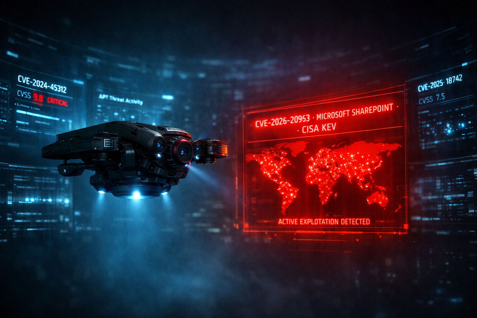KEV-1 dron de inteligencia autónoma ZDU detectando CVE-2026-20963 SharePoint en sala de proyección holográfica con alerta crítica en rojo