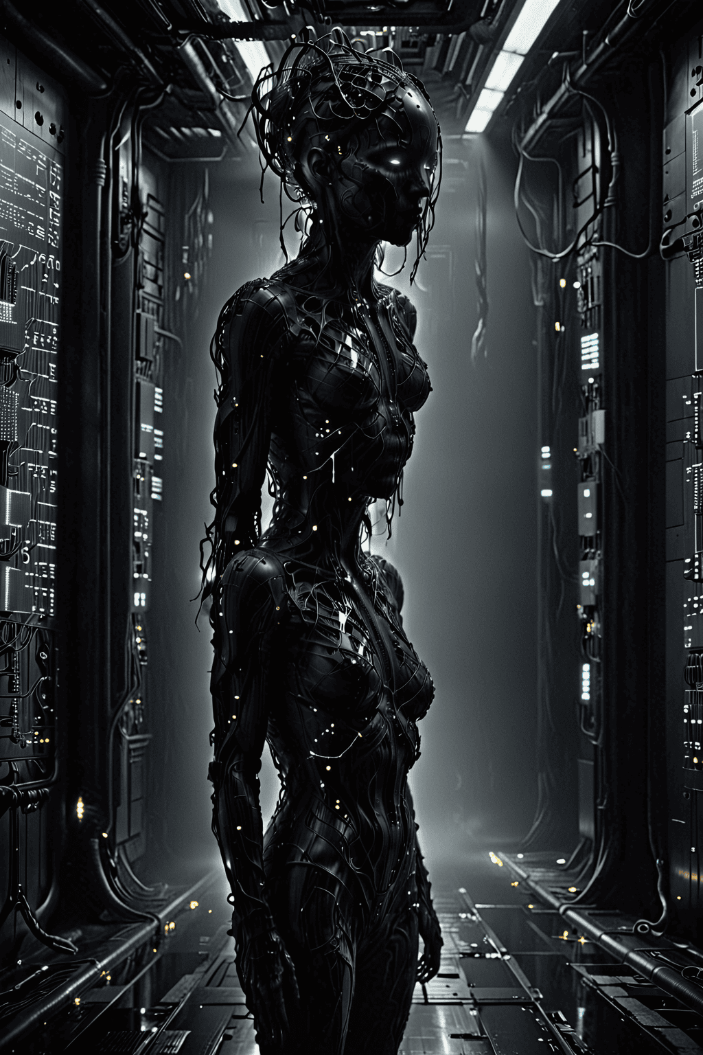 Retrato intimidante de UNC5221 como entidad cyber-orgánica con circuitos móviles entrelazados