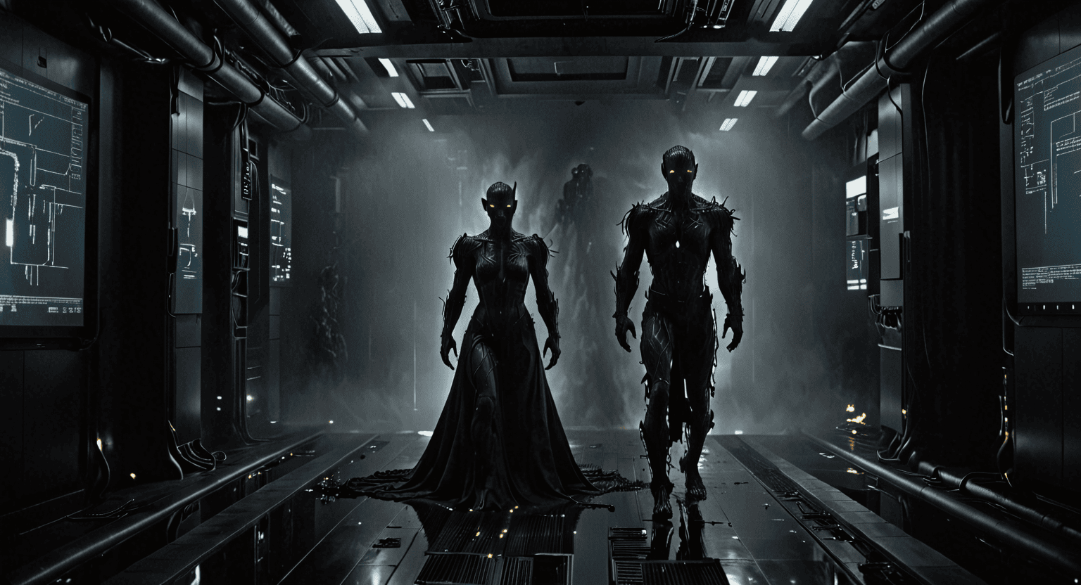 Representación artística de UNC3886 como entidad cibernética infiltrando sistemas VMware con circuitos oscuros