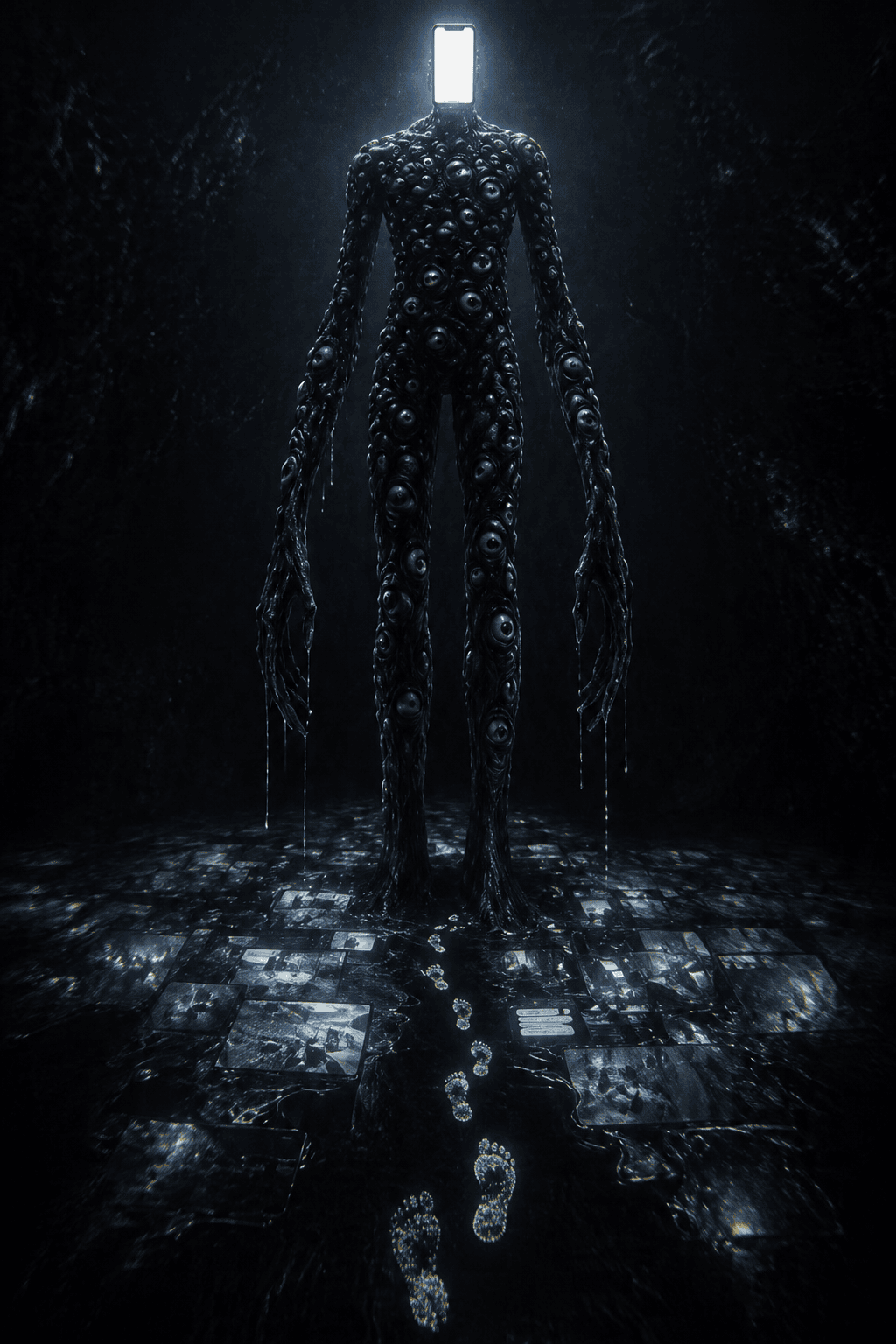 Figura sin rostro cubierta de ojos humanos con pantalla iPhone como cara representando vigilancia comercial NSO Group y consecuencia psicológica del spyware Pegasus