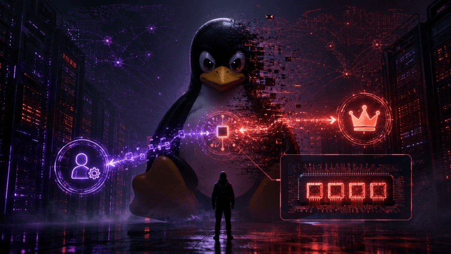 Pingüino de Linux parcialmente fragmentado en un centro de datos oscuro, con flujos digitales rojos y violetas que representan una vulnerabilidad del kernel capaz de escalar privilegios hasta root.