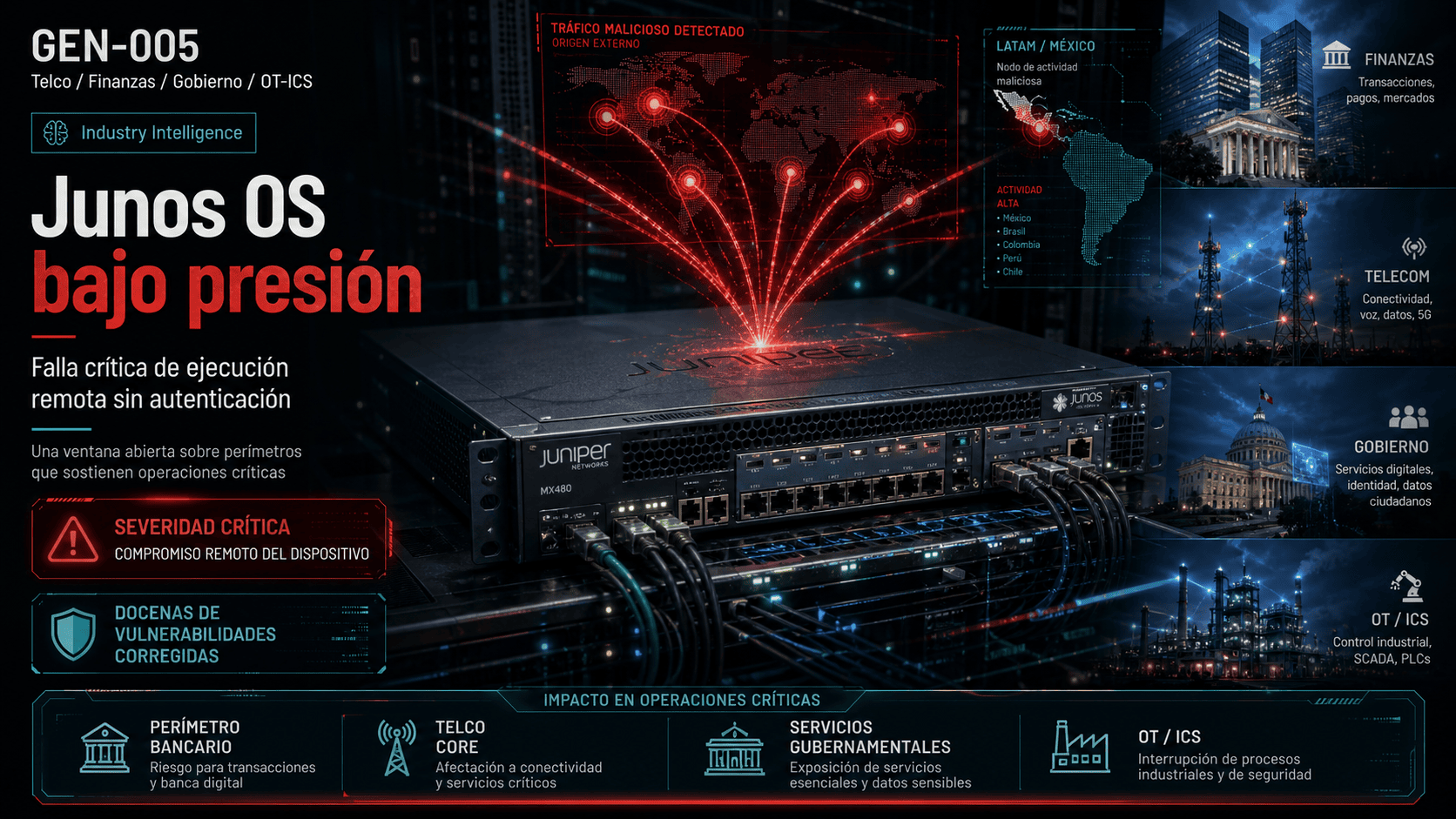 GEN-005: Juniper Networks publica parches; falla RCE sin autenticación — relevancia LATAM en Telco/Finanzas/Gobierno/OT