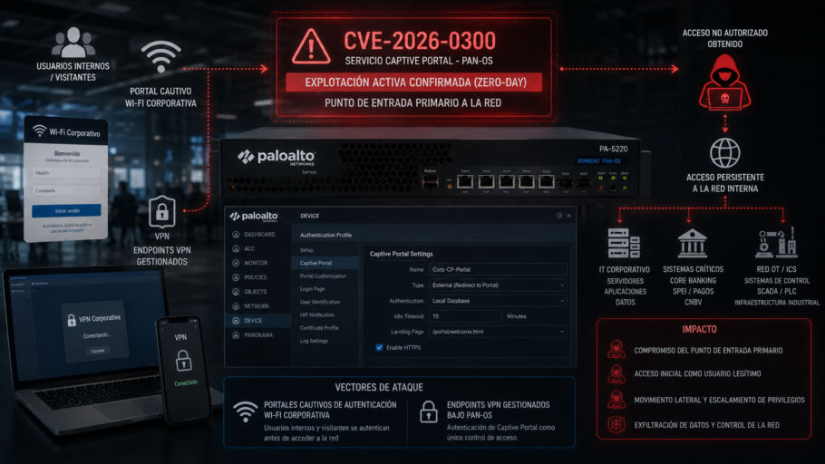 Compromised PAN-OS Captive Portal interface exposing corporate Wi-Fi and VPN authentication systems to unauthorized network access