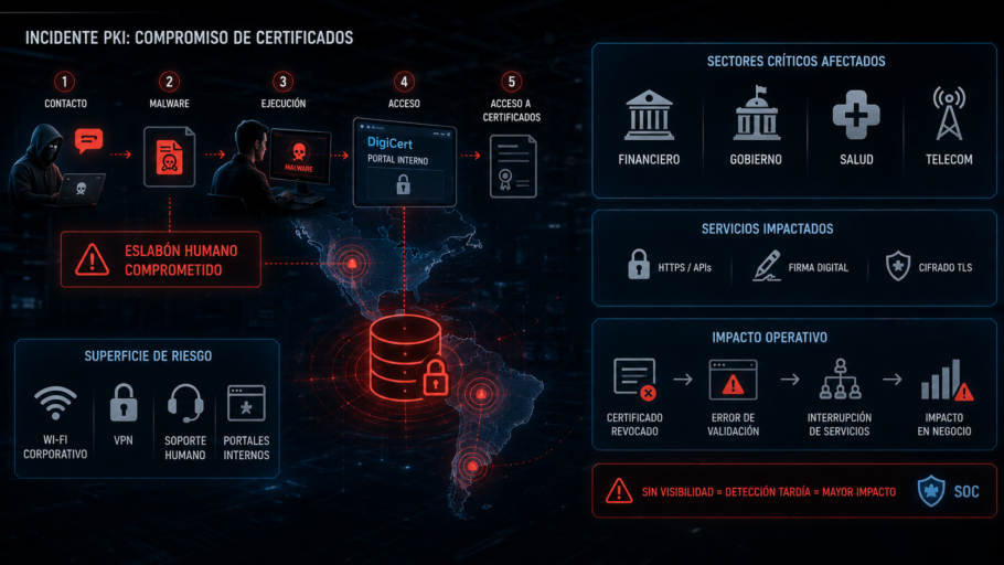 PKI certificate compromise infographic showing DigiCert-related attack flow, revoked certificates, affected sectors and disruption of HTTPS, VPN and digital trust services
