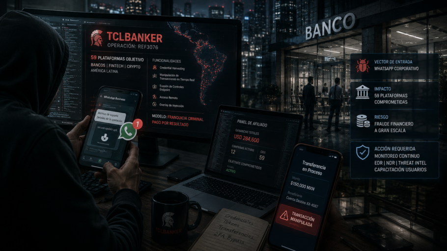 Hyper-realistic cybercrime scene showing TCLBANKER banking trojan operations targeting WhatsApp corporate accounts and financial institutions in Latin America