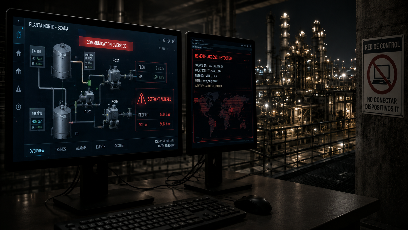 Industrial SCADA control environment showing manipulated PLC logic, altered pressure setpoints and remote access activity affecting critical OT infrastructure operations