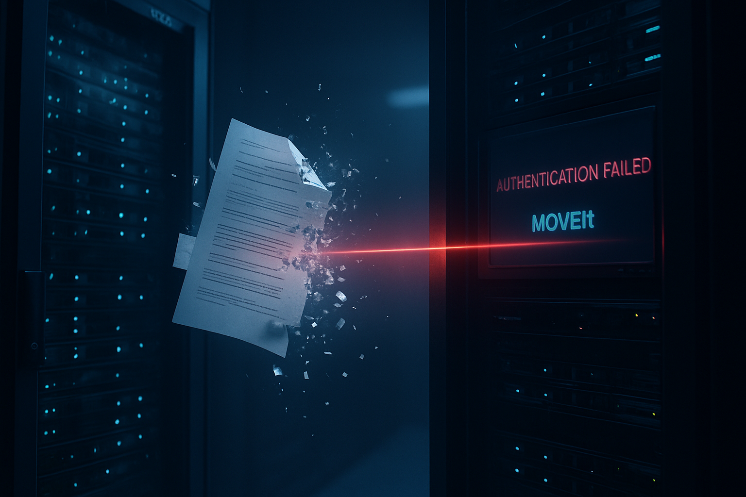 Documento corporativo en transferencia fragmentándose entre dos racks de servidores tras un haz rojo de intrusión, con etiquetas tenues AUTHENTICATION FAILED y MOVEit. Representación editorial del bypass crítico en MOVEit Automation que amenaza bancos, hospitales y gobierno LATAM.