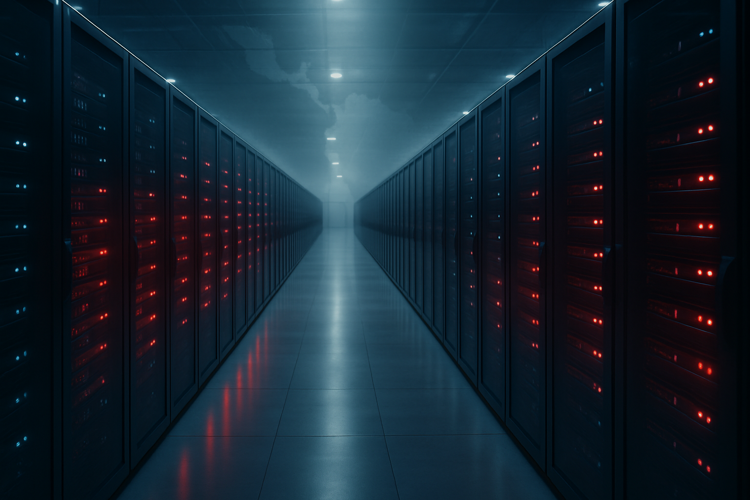 Vasto datacenter con cascada de LEDs cyan a rojo a lo largo de filas de racks que se pierden en el horizonte. Representación editorial de la explotación masiva de 40,000 servidores cPanel/WHM en LATAM vía CVE-2024-41940.