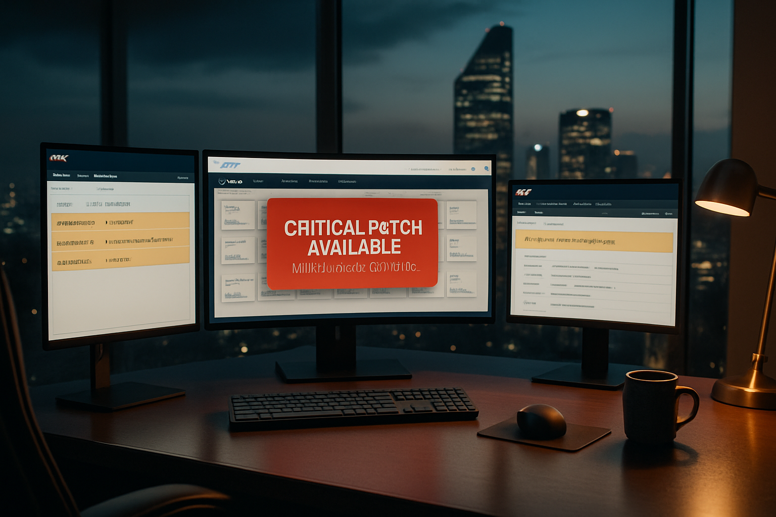 Oficina ejecutiva con tres monitores mostrando alerta crítica SAP S/4HANA: CVE-2026-32154 RCE, CVE-2026-31987 auth bypass y otros parches urgentes. Skyline de Reforma en CDMX al atardecer.