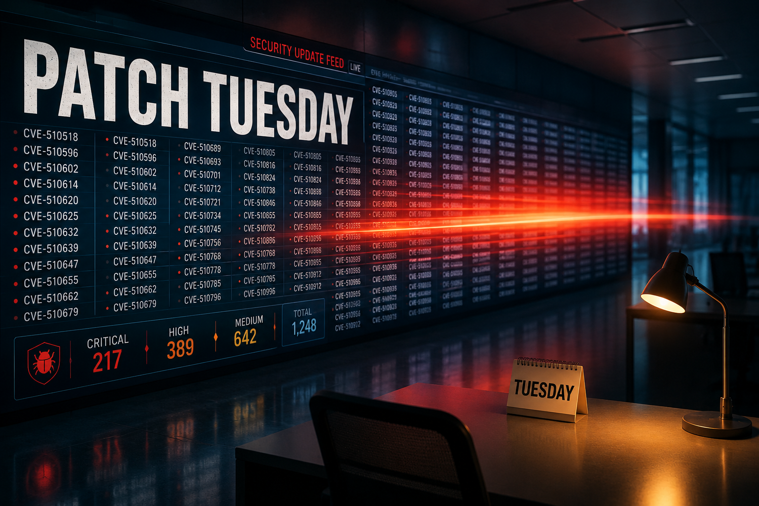 Pared de monitores corporativos mostrando feed acelerado de patches Microsoft CVE mayo 2026, con ola roja de actualizaciones críticas atravesando los displays a alta velocidad. Representación editorial de Patch Tuesday acelerado por agentes de IA.