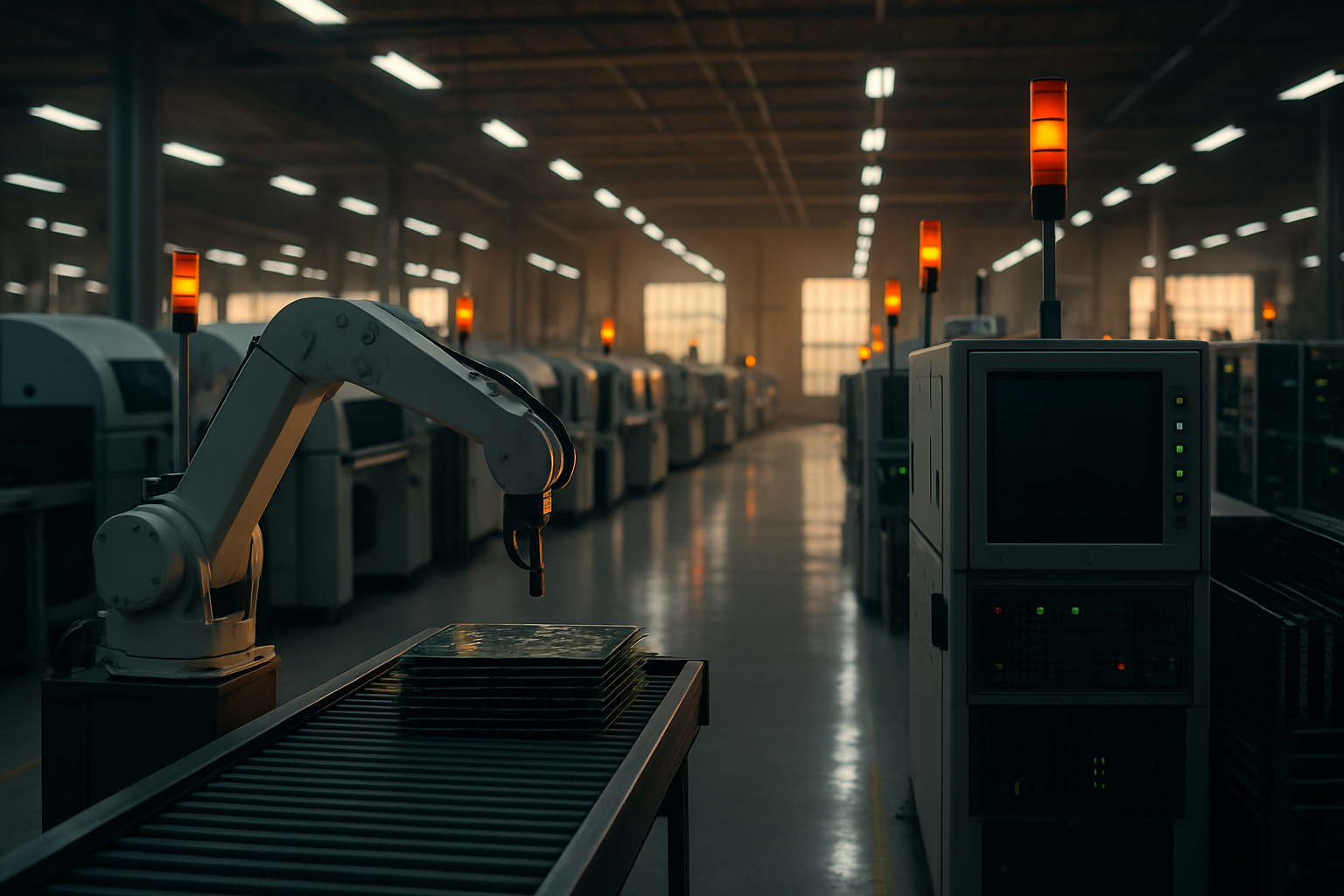 Imagen editorial GEN-046 ZDU v2: "Ransomware en manufactura: Foxconn y el riesgo OT en México". Composición específica del incidente. Estilo Reuters/Bloomberg cinematográfico ARRI Alexa 35mm anamorphic.