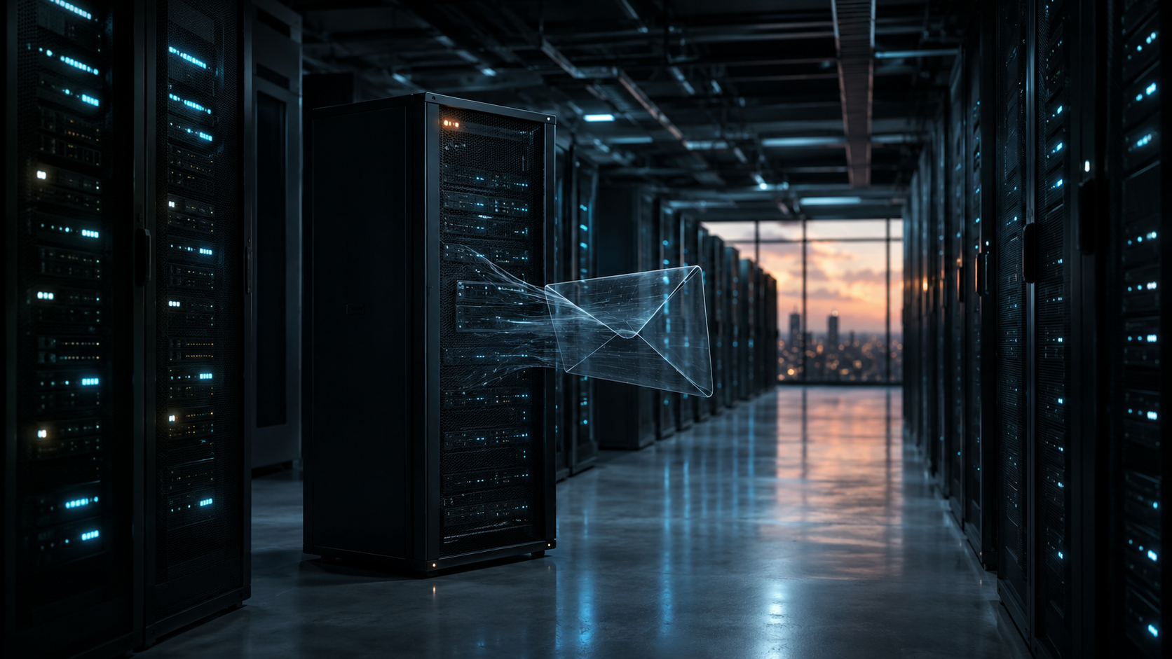 Sala de servidores corporativa mexicana con un rack Exchange comprometido por spoofing CVE-2026-42897. Sobre holográfico deformándose al cruzar la malla del servidor, alerta ámbar tenue. Estilo Reuters/Bloomberg cinematográfico ARRI Alexa 35mm anamorphic.