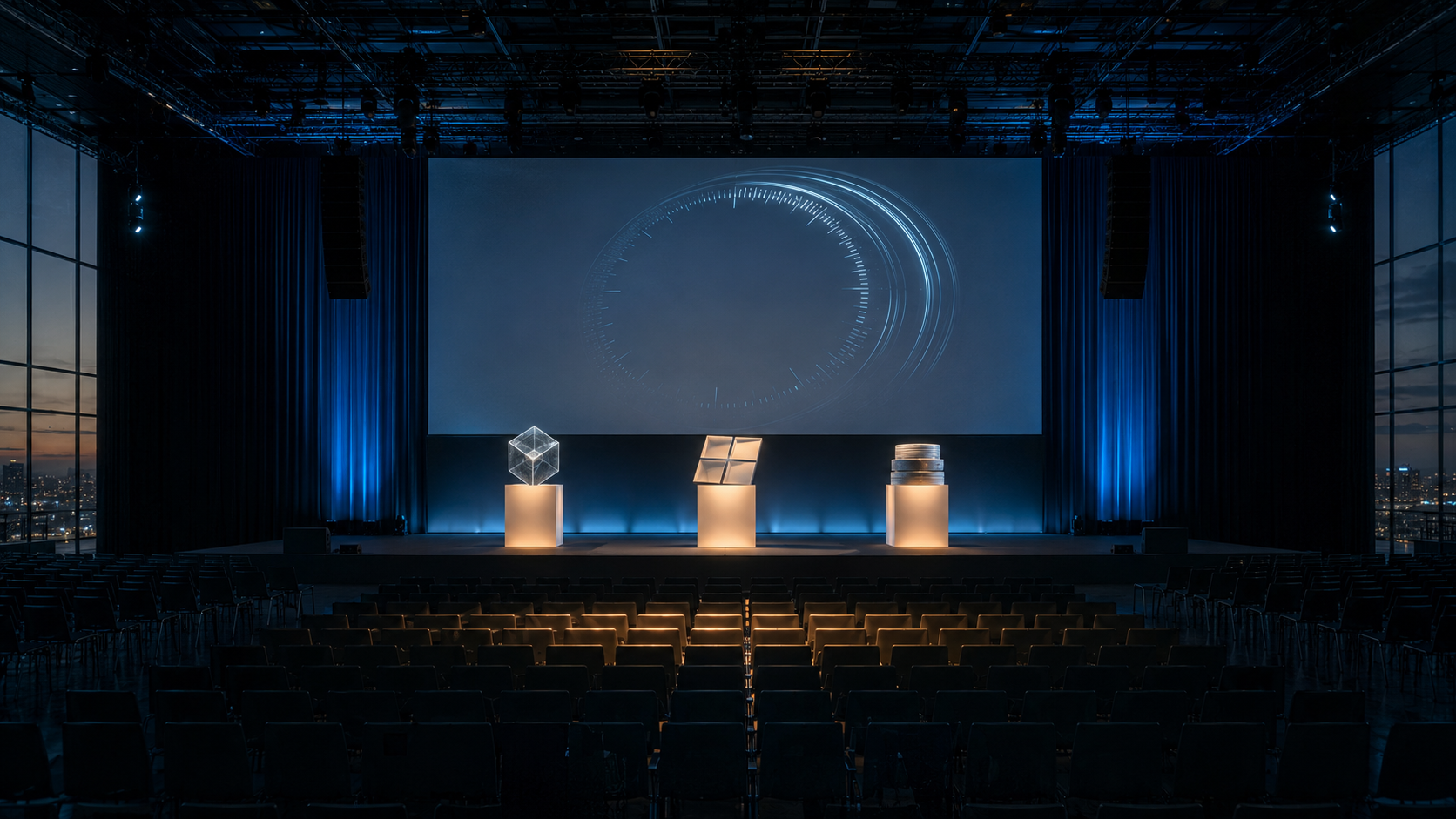 Auditorio vacío del Pwn2Own Berlin 2026 con tres pedestales iluminados representando Exchange, Windows 11 y RHEL. Reloj minimalista proyectado al fondo indicando "weeks to wild". Quince zero-days demostrados que migrarán a APTs en 4-8 semanas. Estilo Reuters/Bloomberg ARRI Alexa 35mm anamorphic.