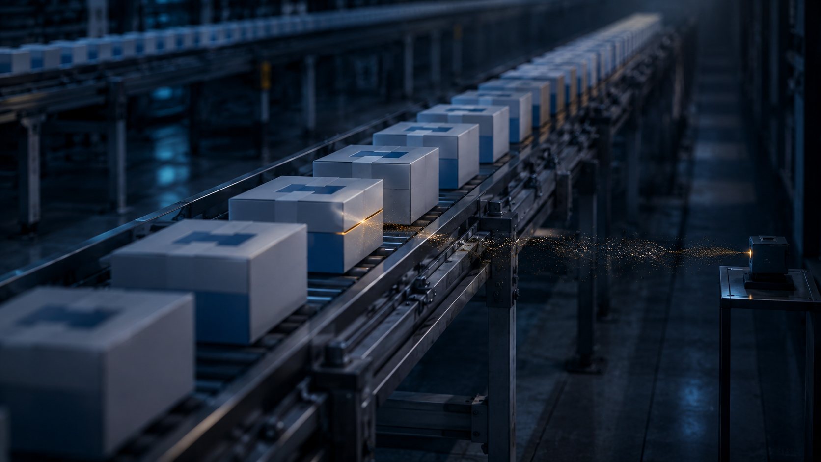 Cinta industrial isométrica de paquetes de software fluyendo, uno con sutil costura ámbar marcando compromiso. Partículas finas de exfiltración salen hacia un endpoint externo. Visualización editorial del ataque supply chain npm sobre node-ipc. Estilo Reuters/Bloomberg ARRI Alexa 35mm anamorphic.