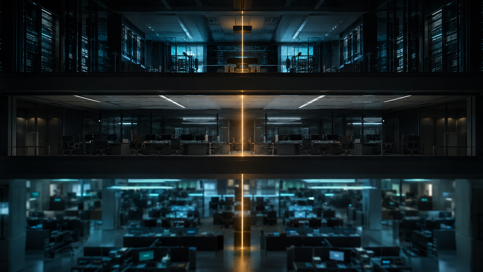 Visualizacion editorial GEN-052 ZDU: corte vertical de torre corporativa nocturna con escalacion silenciosa de privilegios en Windows. Hilo ambar atraviesa pisos (user/admin/SYSTEM) sin romper barreras. Estilo Reuters/Bloomberg cinematografico ARRI Alexa 35mm anamorphic.