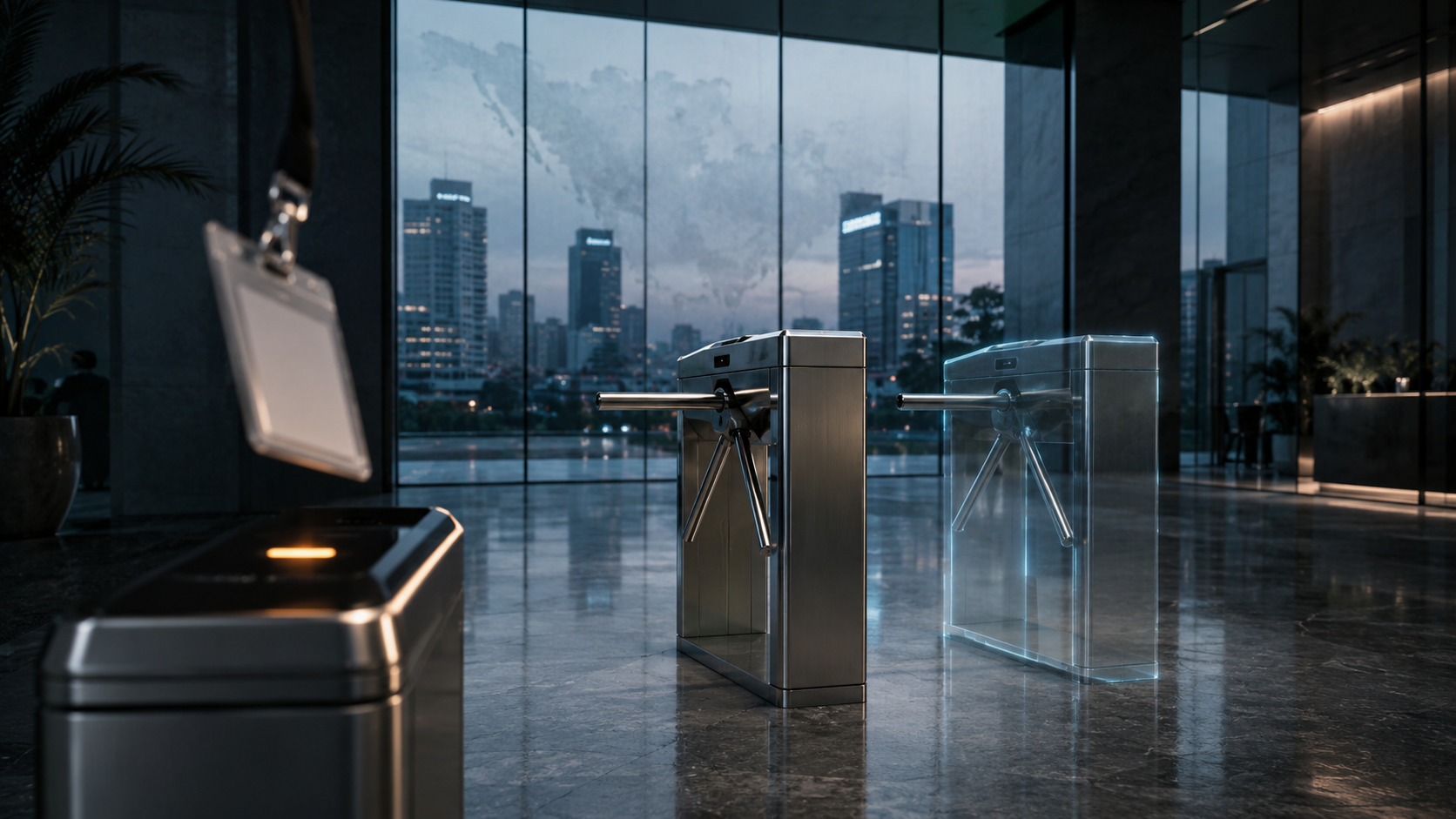 Lobby corporativo en CDMX al amanecer con lector de tarjeta industrial y torniquete duplicado en sombra translúcida — sesión M365 redirigida vía abuso de OAuth device-code por Tycoon2FA.