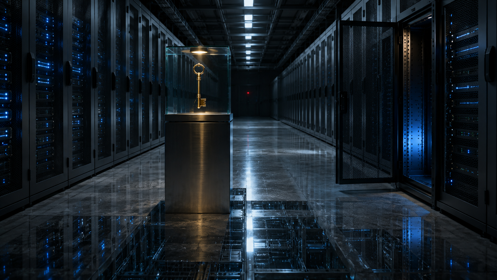 Pasillo frío de data center con vitrina de cristal sosteniendo una llave de bóveda iluminada por luz ámbar y reflejo fragmentado del rack abierto al fondo — código fuente Grafana extraído tras compromiso de token.