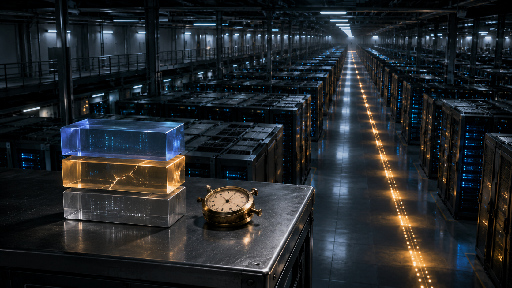Datacenter visto en tres cuartos con mesa industrial sosteniendo tres bloques translúcidos apilados — hipervisor, drivers y capa IA — el bloque medio con fractura limpia y un cronómetro mecánico brass al costado.