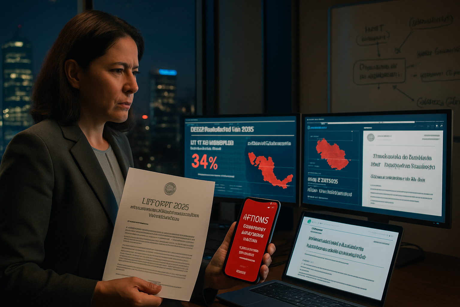 Imagen editorial GEN-056 ZDU: "Amenazas persistentes y cumplimiento normativo en México 2025". Fotografia editorial real-life style Reuters/AP/Bloomberg para audiencia CISO LATAM.