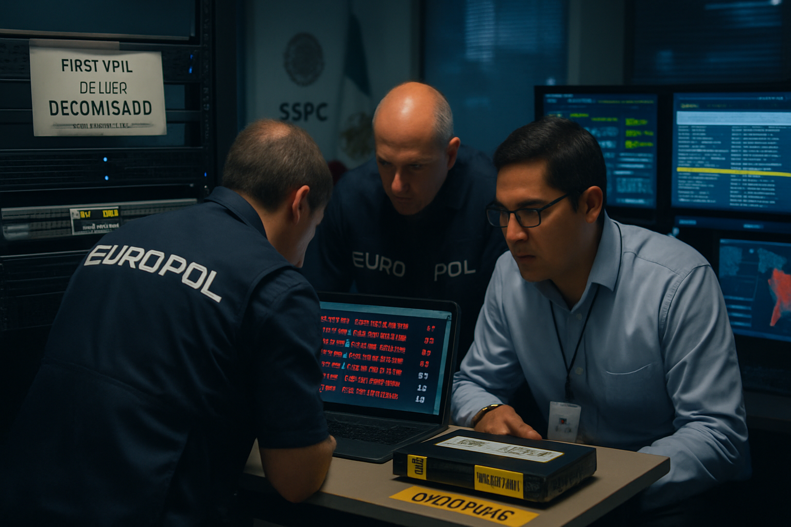 Imagen editorial GEN-060 ZDU: "VPN criminal desmantelada: riesgo para organizaciones MX". Fotografia editorial real-life style Reuters/AP/Bloomberg para audiencia CISO LATAM.