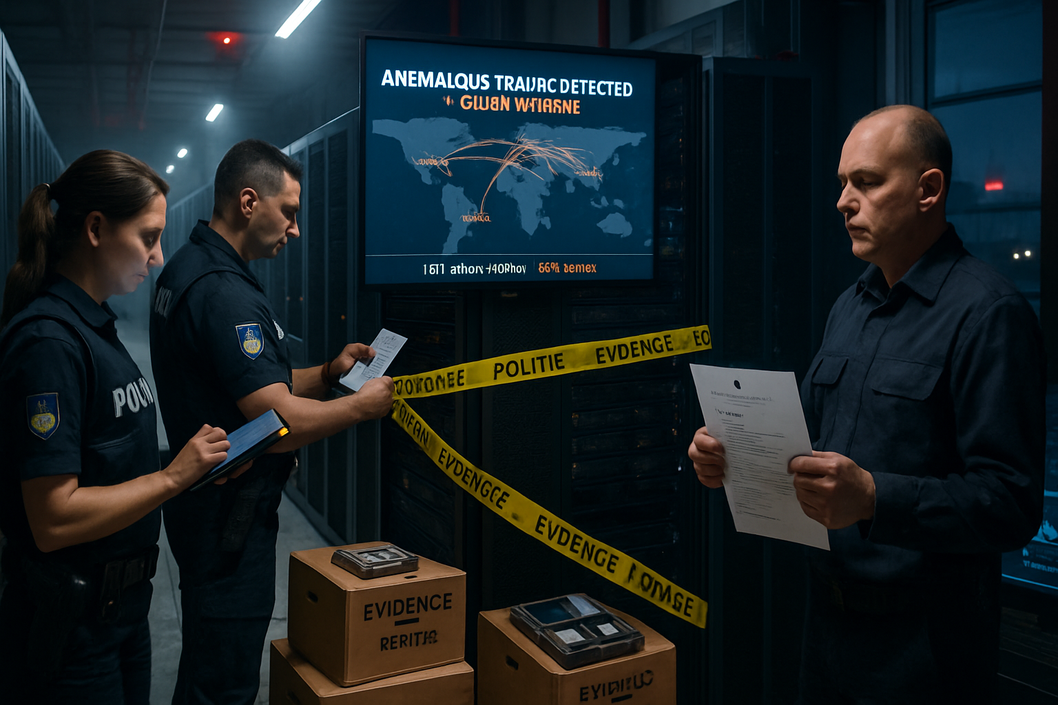 Imagen editorial GEN-061 ZDU: "Bullet-Proof Hosting Desmantelado: Riesgo para LATAM". Fotografia editorial real-life style Reuters/AP/Bloomberg para audiencia CISO LATAM.
