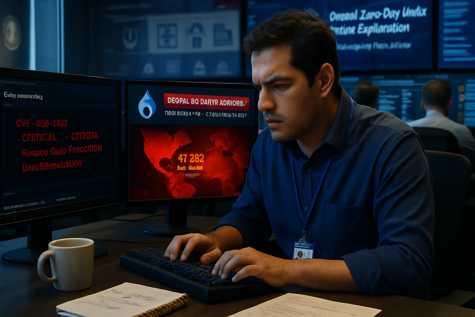 Imagen editorial GEN-062 ZDU: "Explotación activa de vulnerabilidad Drupal: riesgo crítico". Fotografia editorial real-life style Reuters/AP/Bloomberg para audiencia CISO LATAM.