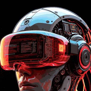 GENNIE — retrato animado, humanoid AI con visor HUD red-orange y neural network display