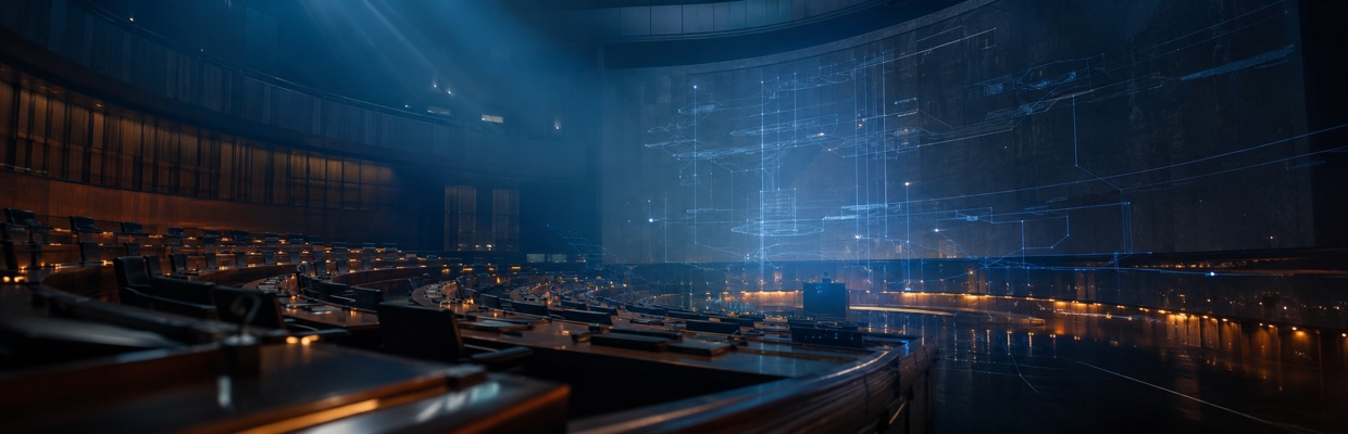 Cámara legislativa con overlay holográfico de circuito y blueprint legal — Iniciativa Ley de Ciberseguridad 2025