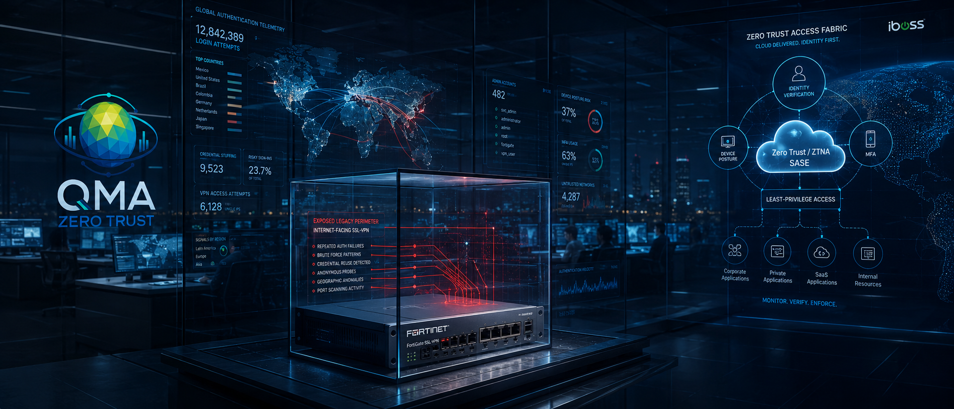 Firewall FortiGate expuesto a internet por FortiBleed frente a un modelo de acceso Zero Trust (ZTNA/SASE) de QMA