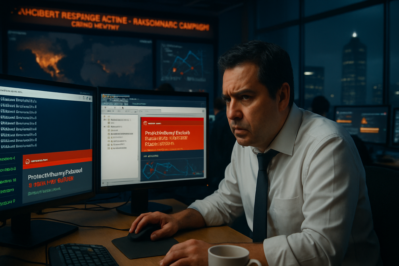 Imagen editorial GEN-063 ZDU: "Ransomware con IA automatiza evasión EDR y descubrimiento AD". Fotografia editorial real-life style Reuters/AP/Bloomberg para audiencia CISO LATAM.