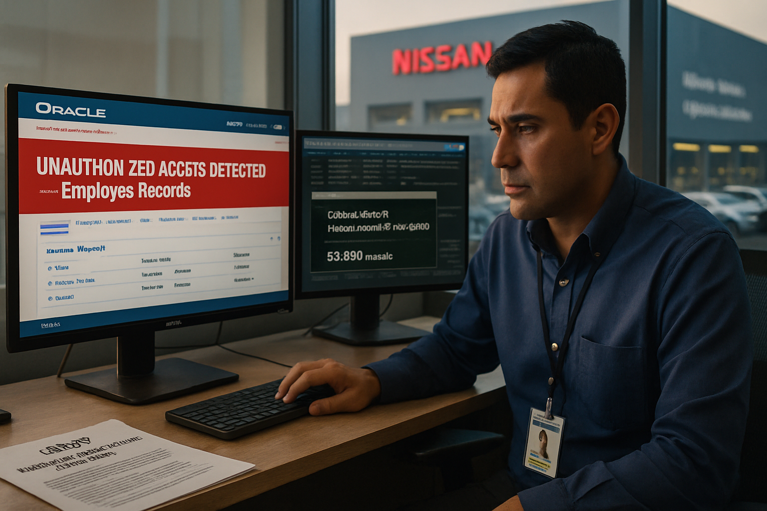 Imagen editorial GEN-087 ZDU: "Brecha Nissan por zero-day en Oracle PeopleSoft: riesgo LATAM". Fotografia editorial real-life style Reuters/AP/Bloomberg para audiencia CISO LATAM.