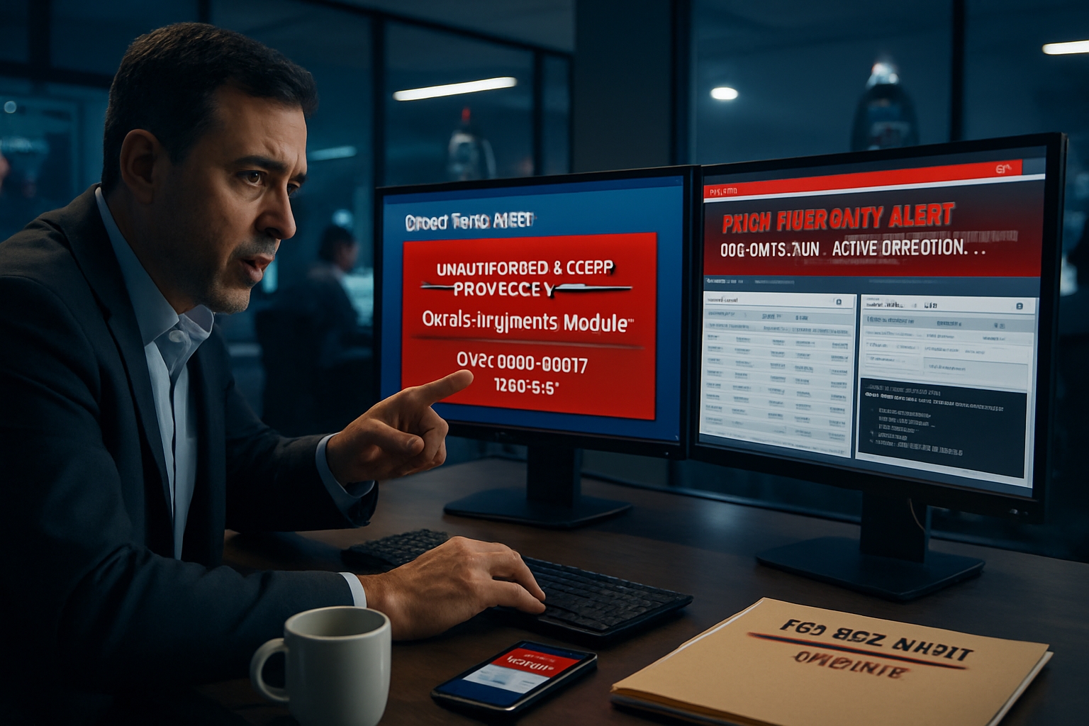 Imagen editorial GEN-090 ZDU: "CVE-2026-46817: Oracle EBS bajo ataque activo en LATAM". Fotografia editorial real-life style Reuters/AP/Bloomberg para audiencia CISO LATAM.