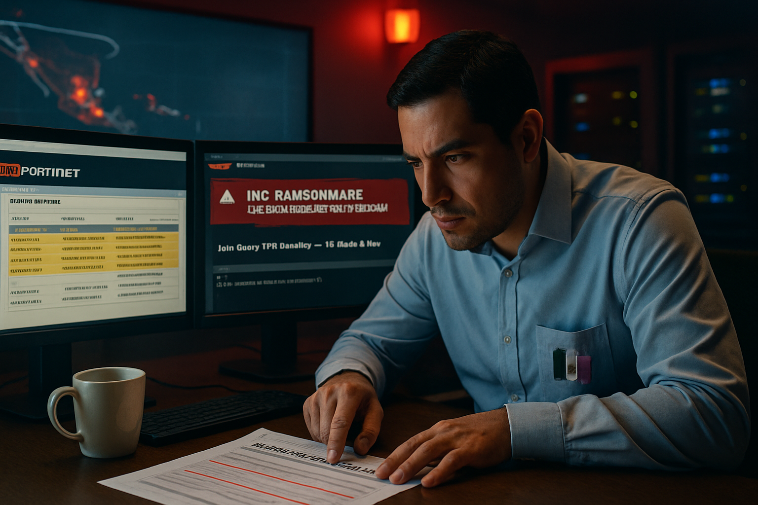 Imagen editorial GEN-093 ZDU: "Campaña FortiBleed: credenciales Fortinet en manos de ransomware". Fotografia editorial real-life style Reuters/AP/Bloomberg para audiencia CISO LATAM.
