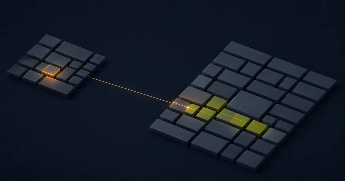 Dos reticulas de bloques conectadas por una linea, con la vulneracion originandose en la reticula secundaria