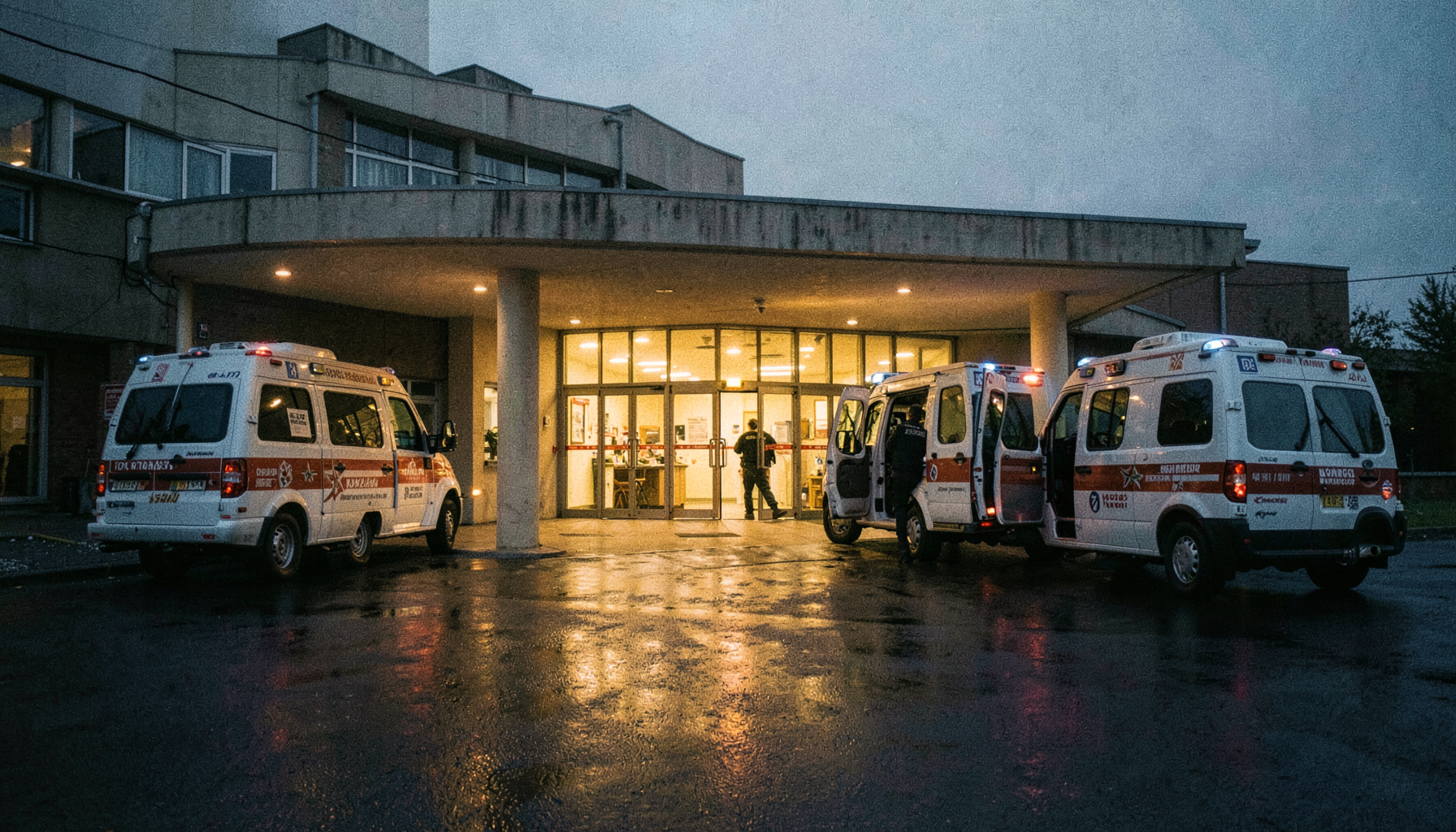 Entrada de urgencias de un hospital al anochecer con dos ambulancias estacionadas, ilustración del artículo sobre exposición de credenciales VPN