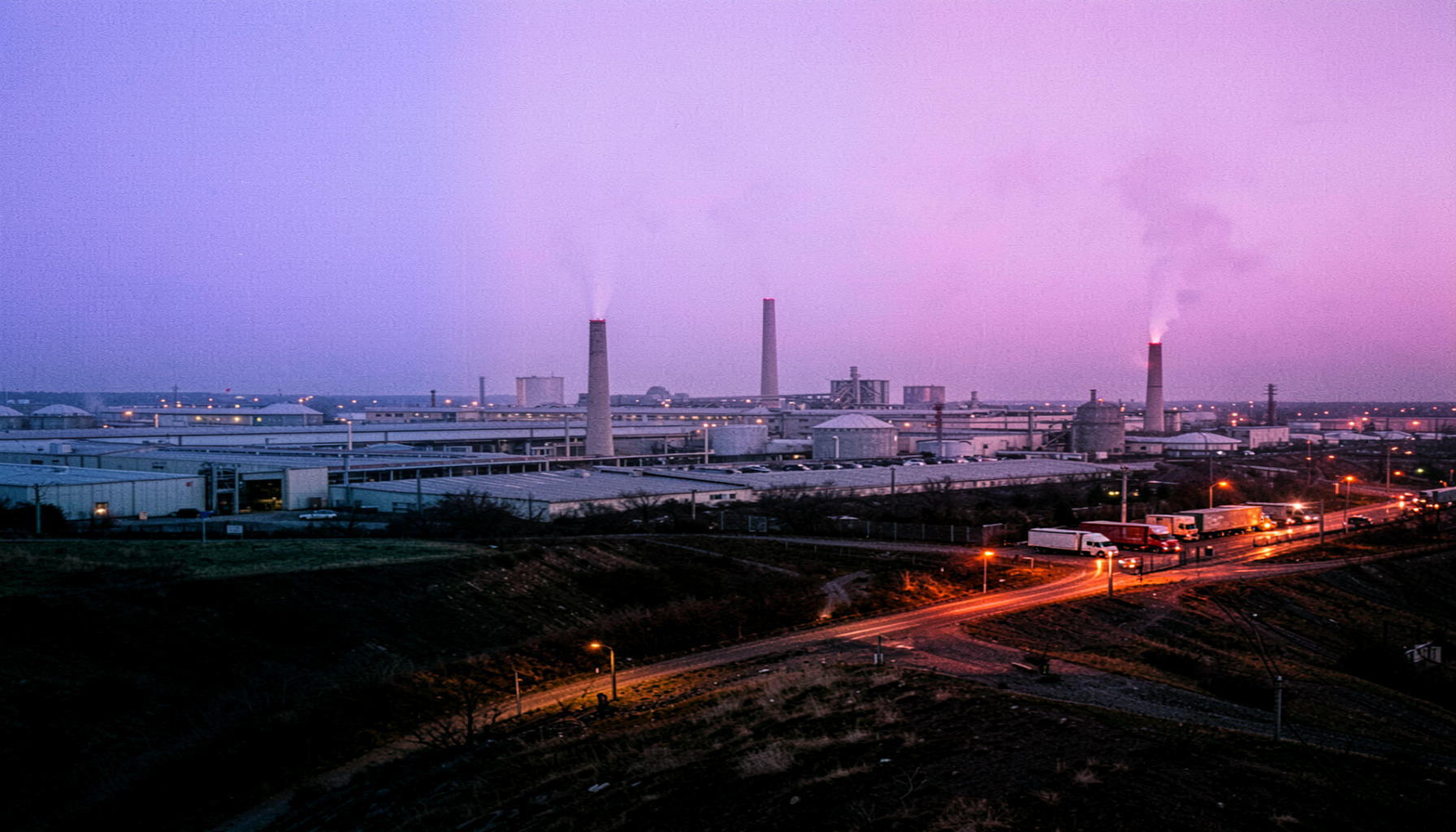 Parque industrial al anochecer con chimeneas, tanques y camiones esperando en la entrada, ilustración del artículo sobre seguridad de acceso remoto