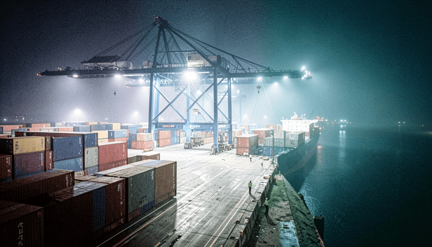 Puerto de contenedores de noche con grúas descargando un barco bajo reflectores, ilustración del artículo sobre priorización de parcheo