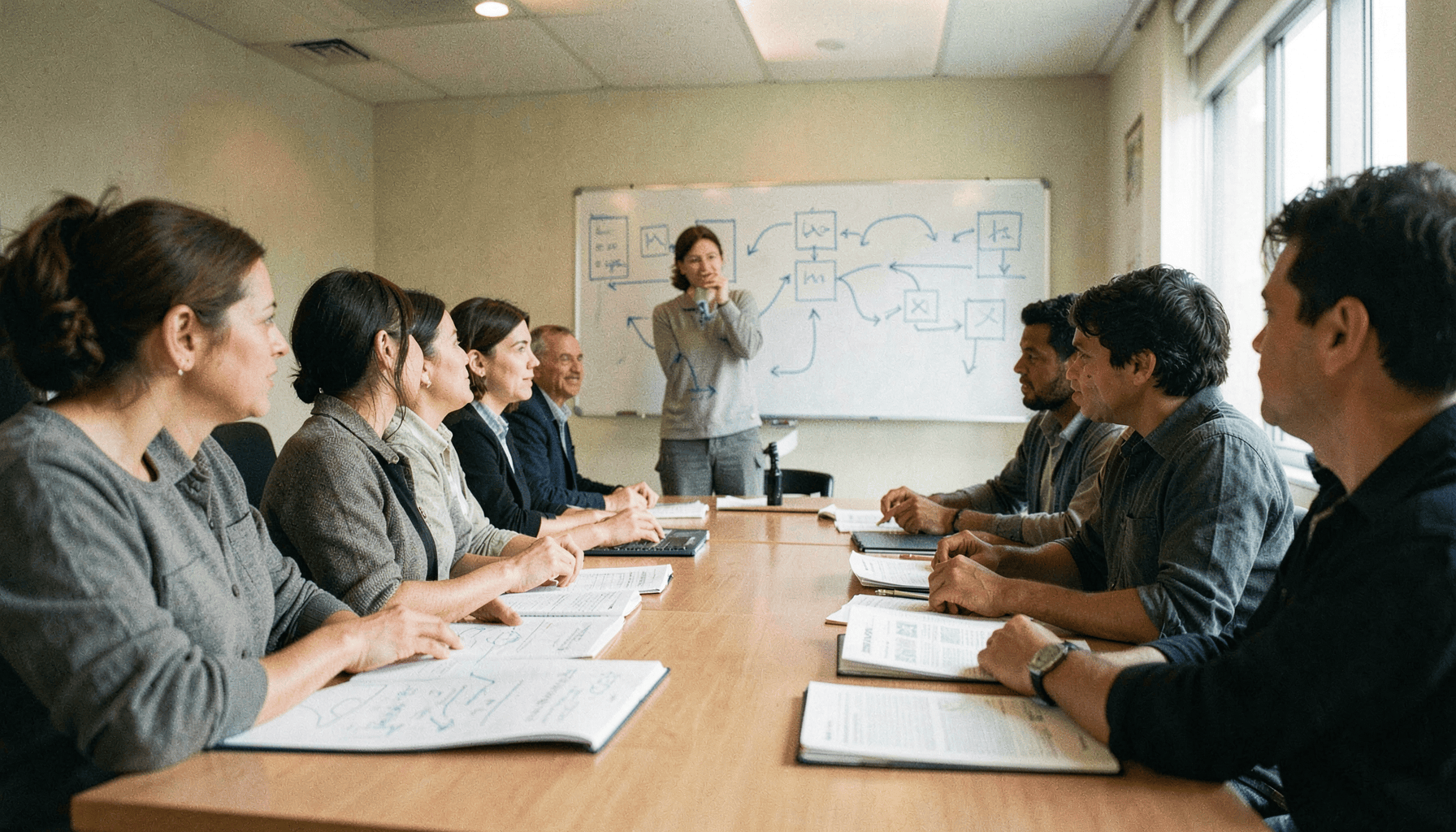 Equipo en un ejercicio de simulación alrededor de una mesa con un pizarrón de diagramas, sobre monitoreo de comunicaciones internas