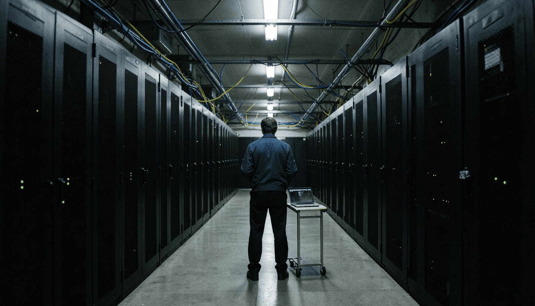 Técnico de espaldas ante un rack abierto al fondo de un pasillo de centro de datos, sobre exposición de interfaz de administración