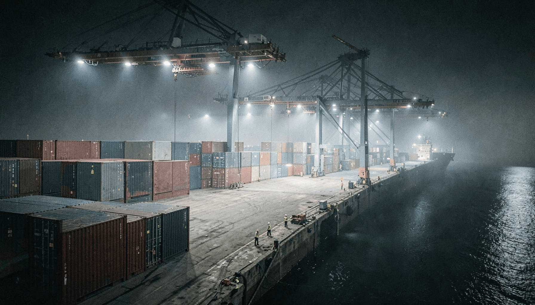 Puerto de contenedores de noche con grúas descargando un barco bajo reflectores, ilustración del artículo sobre fraude en banca móvil