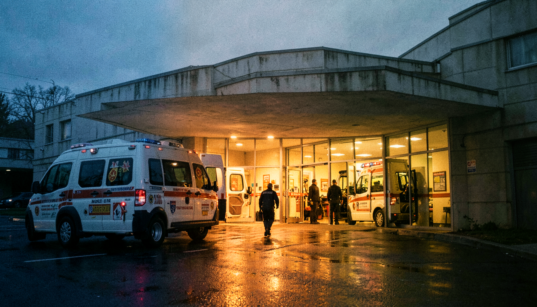 Entrada de urgencias de un hospital al anochecer con dos ambulancias estacionadas, ilustración del artículo sobre phishing con IA