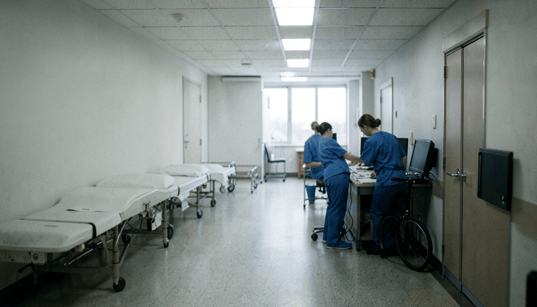 Pasillo de hospital con camillas vacías y enfermeras trabajando en papel, ilustración del artículo sobre phishing con IA