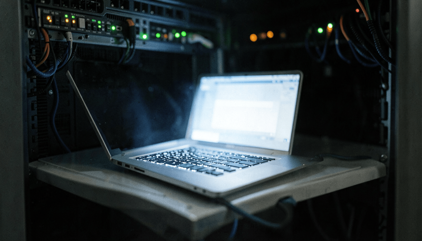 Laptop conectada por cable de consola a un servidor dentro de un gabinete, ilustración del artículo sobre explotación masiva RCE PHP