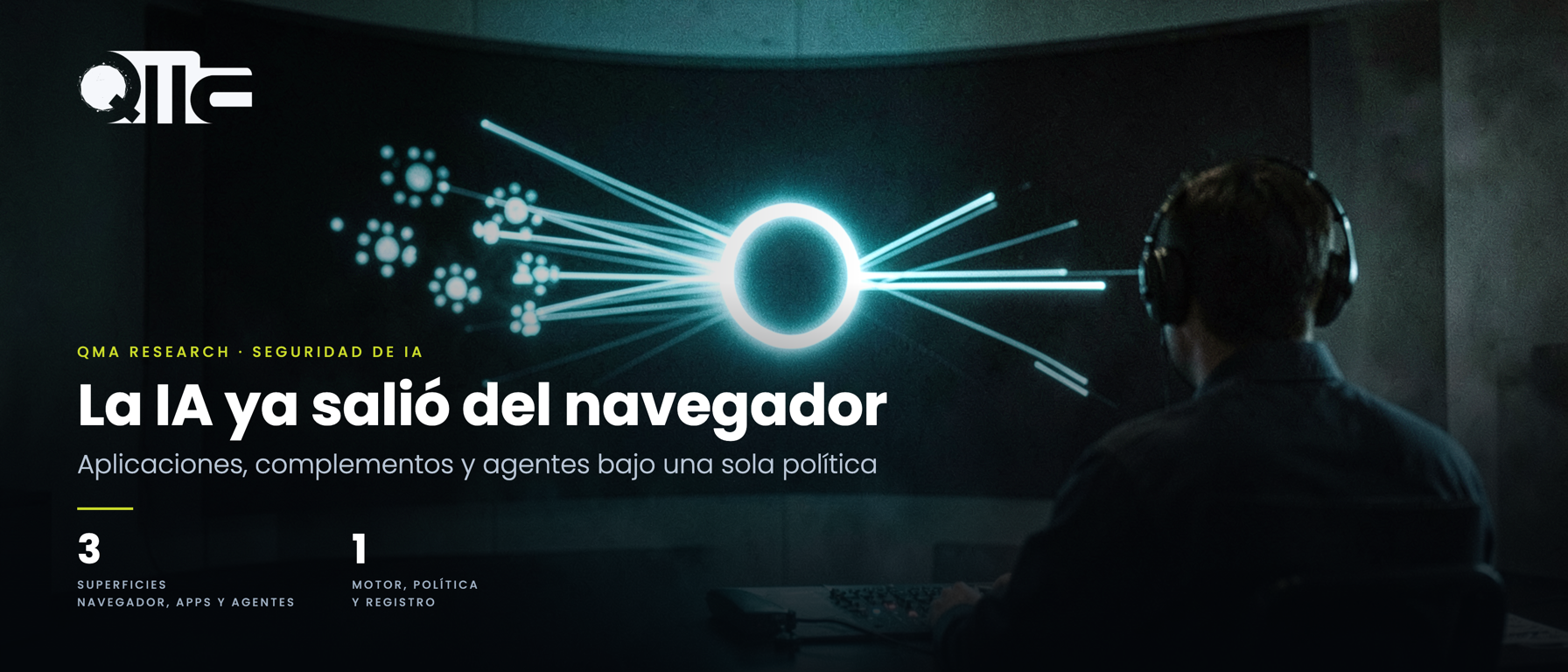 Analista frente a una pantalla donde las líneas de varias fuentes convergen en un solo círculo luminoso: seguridad de IA para navegador, aplicaciones y agentes.