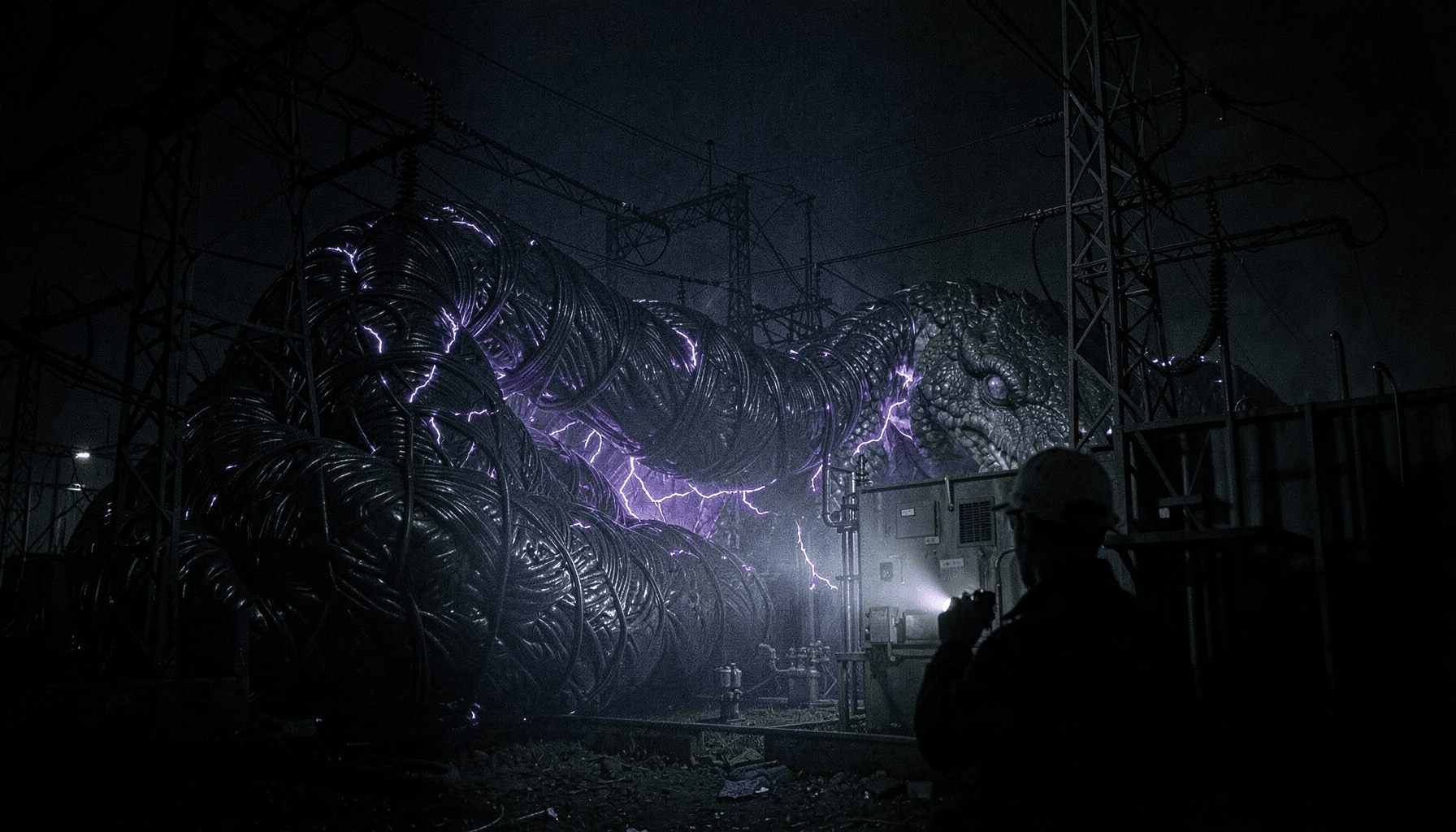 Una serpiente colosal de cable negro, con arcos violeta bajo la piel, dormida en una subestación eléctrica mientras un técnico la ilumina con una linterna