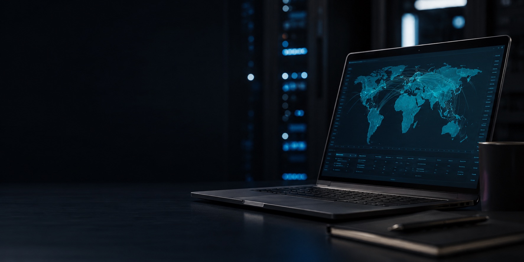 Datacenter nocturno con laptop mostrando mapa de operaciones — QMA Academy, catálogo de programas