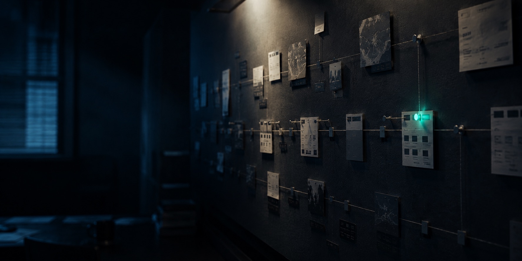 Pared de investigación con timeline de incidente: tarjetas conectadas, alerta activa en verde — curso QA-201