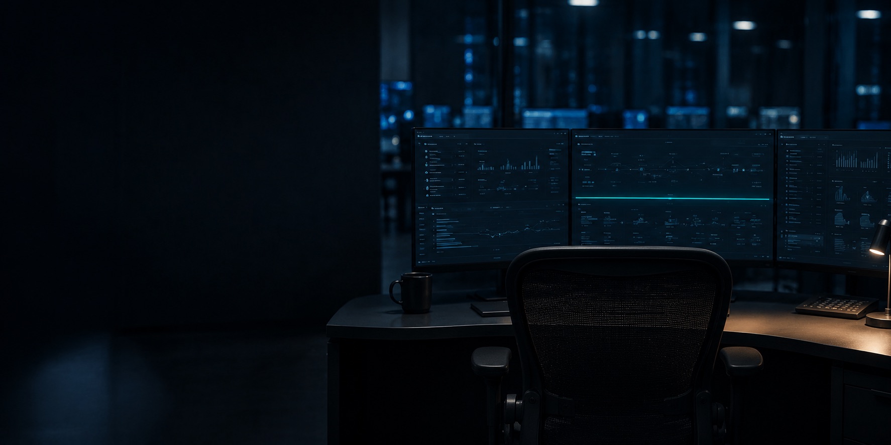 War room SOC nocturno con monitores curvos y dashboards wireframe — curso QA-210