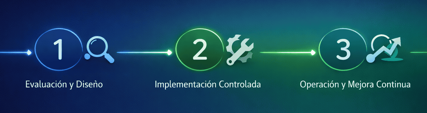 Banner panorámico con diagrama de tres fases: Evaluación y Diseño, Implementación Controlada y Operación y Mejora Continua, conectadas de izquierda a derecha para representar la metodología de seguridad gestionada.